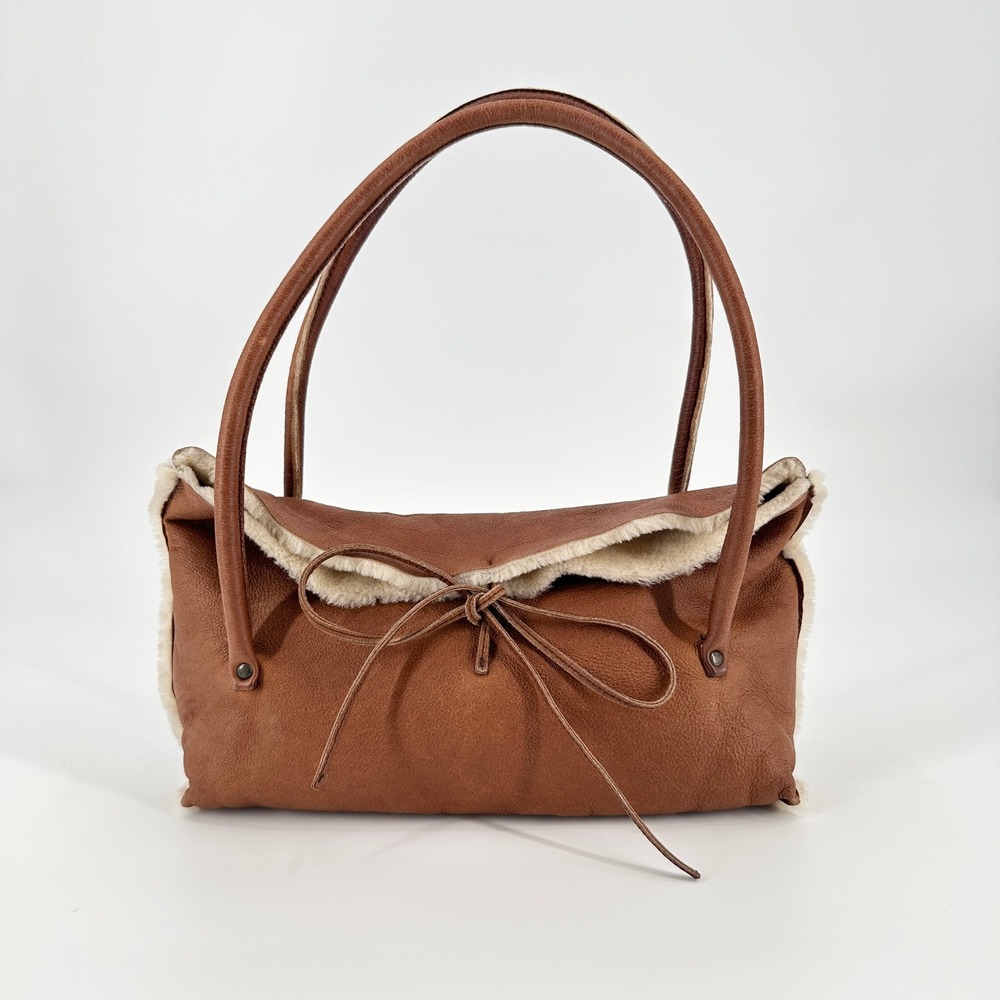 Miu Miu Vintage Shearling Leather Tote Shoulder Bag Brown Sheepskin Italy